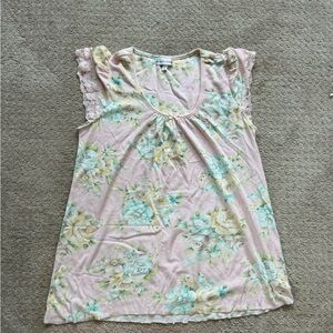 Pink floral true vintage lace trim blouse top